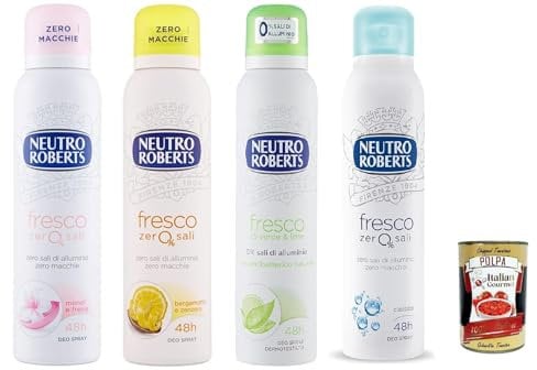 Testpaket Neutro Roberts deo Fresco Spray Deodorant ohne Aluminiumsalze, null Flecken 4x 150 ml + Italian Gourmet Polpa 400g