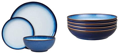 Denby Blue Haze 12 Piece Coupe Tableware Set & 421048944 Blue Haze 4 Piece Pasta Bowl Set