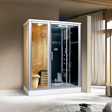 PureHaven Luxus - Sauna finlandesa y ducha de vapor 2 en 1, 170 x 100 cm, para 2 personas, ducha tropical, masaje de espalda y pies, pantalla LCD, radio y estufa de sauna