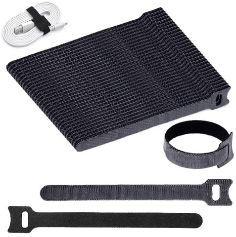 Rhimooay 100 Stück Klettband Kabelbinder Klett Schwarz, 200 x 12 mm Kabel-Klettband Kabelklett Kabelbinder Klettbinder Klettverschluss, Wiederverwendbare Verstellbare kabelklettbänder für Kabel