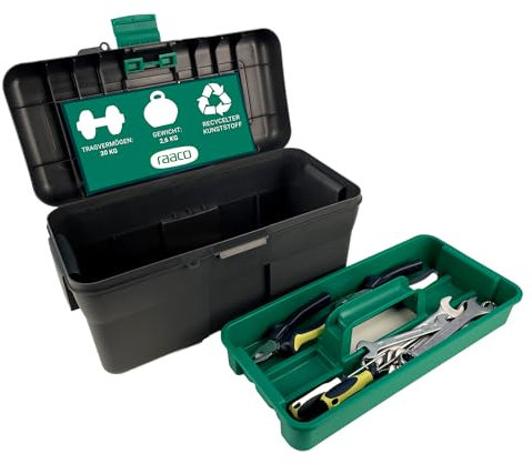 raaco Toolbox 20“, Werkzeugkoffer leer aus Kunststoff, 27,5 x 51,8 x 26 cm, Beladung bis zu 30 kg, Leichtgewichtig, mit Innenfach & Staufach im Deckel, Idealer Werkzeugkasten für optimale Organisation