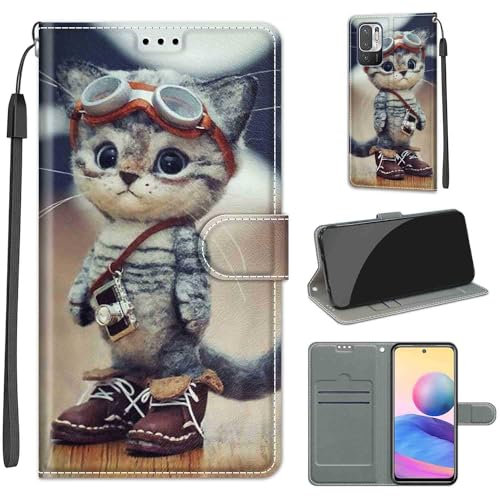 Handyhülle für Xiaomi Redmi Note 10 5G Hülle, Redmi Note 10T 5G Hülle, Premium Leder Flip Klappbare Stoßfeste Magnetische [Standfunktion] [Kartenfächern] Schutzhülle Tasche - Katze