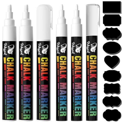 WISYOK 6pcs Kreidestift mit 45 Etiketten, Kreidemarker Weiss, Whiteboard Marker Weiß, Weißwandstifte, Flipchart Stifte, Kreidestifte für Tafel Abwaschbar - 3mm & 6 mm Wendespitze