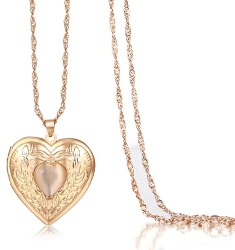 JewelryWe Herz Medaillon Halskette Damen: Herz Foto Medaillon zum Öffnen Photo Bilder befüllbar Amulett Blumen Muster Anhänger mit 45cm Kette Gold Geschenk für Mutter Tochter Freundin