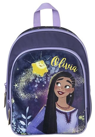 Zaino asilo Wish Bambina – Personalizzato con nome – Zaino da ragazza con tasca frontale viola – 2 scomparti 25 x 31 x 10 cm, Zaino per bambini - Wish