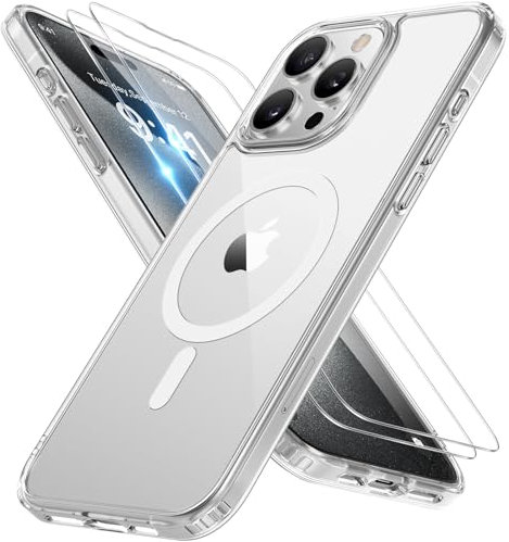 Miracase Magnetisch für iPhone 15 Pro Hülle Kompatibel Mit MagSafe[mit 2 Schutzglas] Militärnorm Schutz Anti-Fingerabdruck Schlanke Ausführung Handyhülle für iPhone 15 Pro 6,1 Zoll, Transparent