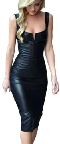 Vestido de Cuero con Hombros Descubiertos para Mujer, Vestido Corto Ajustado sin Mangas para Fiesta de Noche y Club, Elegante