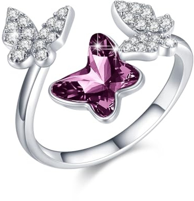 PARYFO Schmetterling Ring 925 Sterling Silber Einstellbare offene Ringe mit Kristall Schmetterling Ringe Weihnachten Geburtstag Geschenke für Frauen Mädchen mit Geschenk-Box, Sterling Silber