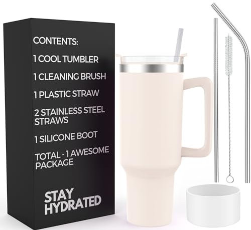 Re Tech UK Cute 40 oz Tumbler with Lid and Straw + 2 Stainless Steel Straws & Silicone Boot, Insulated with Handle and Straw - Great for Travel & Drinking Water, Dupe, Rose Quartz