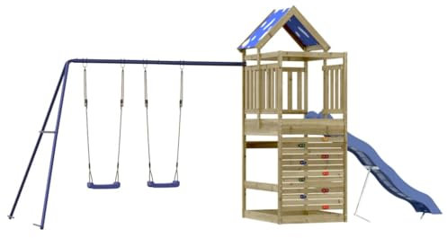 vidaXL Spielturm, Klettergerüst mit Dach Schaukeln Rutsche, Kinder Kletterturm Spiel-Zubehör für Garten, Holz Spielplatz Spielhaus, Kiefernholz Imprägniert