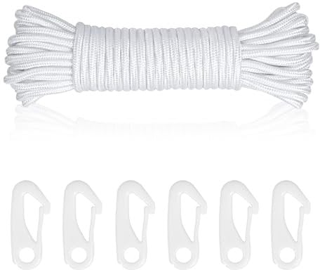 Flag Pole Rope with 6 PCS Flag Pole Clips, 20M Thick Nylon Flagpole Rope Flag Poles Halyard Rope Kit Tree Swing Ropes 6mm Nylon Cord for Outdoor Sailboat Garden Camping (White)
