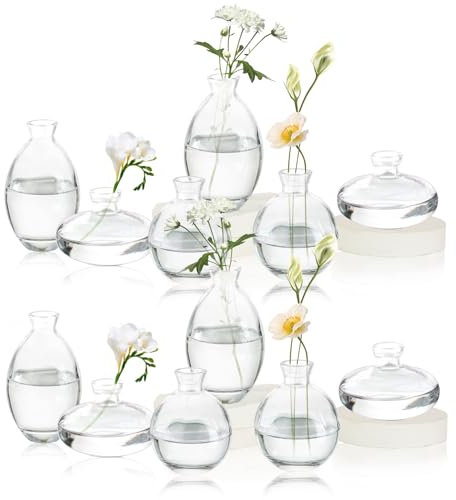 SAWOAKE Glas Bud Vasen Set von 12, Kleine Diamant Bud Vasen in Bulk, Mini Blumen Vasen für Mittelstücke, Vintage Flasche für Tischdekorationen, Hochzeitsdekoration, Recepetion, (12, Transparent)...