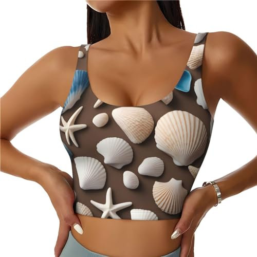 BROLEO Damen Atmungsaktiver Sport-BH Elastische Sportweste Yoga Tank Top Tops Shirts Strand Thema Muscheln Bild, Schwarz , M