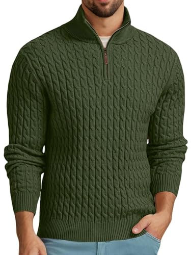 QIXING Men's Cable Knit Jumper Quarter Zip Mock Neck Cable Pattern Sweater Soft Casual Tops with Ribbed Edges (Army Green, L)
