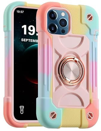 for iPhone 12 Pro Max Case with 360°Rotate Ring Stand, Military Grade Drop Shockproof, Full Body Protection, Heavy Duty, 3-Layer Protective Cover Case for iPhone 12 Pro Max Pink