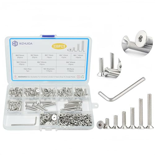 WZHUIDA 330 Stück M4 Schrauben Set, Edelstahl Senkkopfschrauben Metrisch Innensechskant Schrauben Muttern und Unterlegscheiben Sortiment Set, Gewindemaschinen Sechskantschrauben