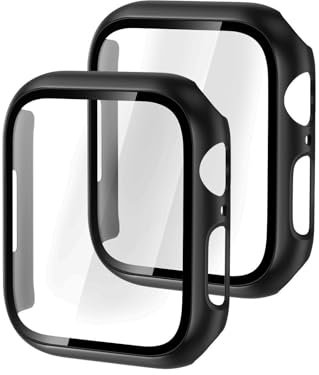 DULIPING 2 Pack Case for Apple Watch Series 9/8/7 45mm Built-in Tempered Glass Screen Protector, Overall Full Protective Bumper PC Cover for Apple Watch 9/8/7 (Black, 45mm)