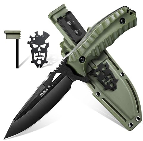 TIVOLI Outdoor Messer Feststehendes Klingen, Full Tang Jagdmesser mit Kydex-Hülle, D2 Kaltstahl Gürtelmesser mit Multifunktionswerkzeug, Geeignet für Camping, Dschungel-Exploration, Wandern