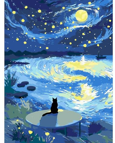 feelive Peinture par Numéro pour Adulte, Ciel Etoilé et Chats Kit de Peinture à l'huile sur Toile Bricolage pour Enfant Débutants Avec Pinceau Pigment Acrylique 30x40cm
