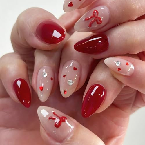 24PCS Stick on Nails Medium Long - Almond Red Heart Bow Press on Nails - Fake Nail Acrylic Full coverage Glossy False Nail with Glue for Women Girls Nail Art Accessories (Wine Red Nude Bow)
