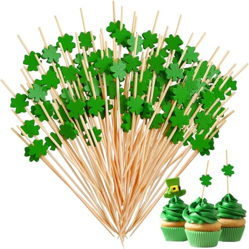 100 Stück Cocktail Deko, Cocktail Zubehör Deko, St. Patrick's Day Cocktailspieße, 12cm Cocktail Sticks, Holz Food Pick für Vorspeisen Grillgut Snacks Sticks für Party Hochzeitsfeier Bar Getränke Deko