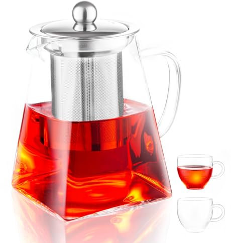 Spring Chef Square Glass Tea Pot Set with Infuser, Heat-Resistant Borosilicate Glass Teapot with Strainer, Removable Infuser Tea Pot Handmade for 1-2 person-550ml/18.6oz