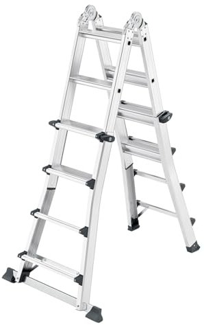 Hailo Master M100 Aluminium-Multifunktions-Stufenleiter - 4 x 4 Stufen - verwendbar als Anlege-, Schiebe- und Stehleiter - Stufen im Arbeitsbereich für sicheren Stand - belastbar bis 150kg - Silber