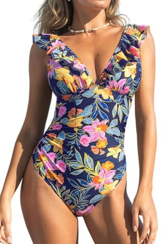 CUPSHE Damen Badeanzug Rüschen V Ausschnitt Monokinis Bauchweg Einteilige Bademode Swimsuit Rosa/Gelb/Blau S