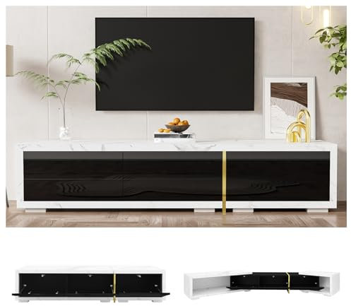 Seyakany Meuble TV Moderne à Longueur Variable (140-260 cm), Fonction pivotante, Aspect marbre Blanc, Finition Noire Brillante et Mate et décorations dorées, Meuble Salon