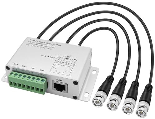 XMSJSIY Émetteur-récepteur vidéo passif HD 4-CH BNC vers Ethernet RJ45 CAT5 UTP avec câble BNC 720P 1080P Transmission de signal équilibrée pour caméra de vidéosurveillance HD-CVI/TVI/AHD