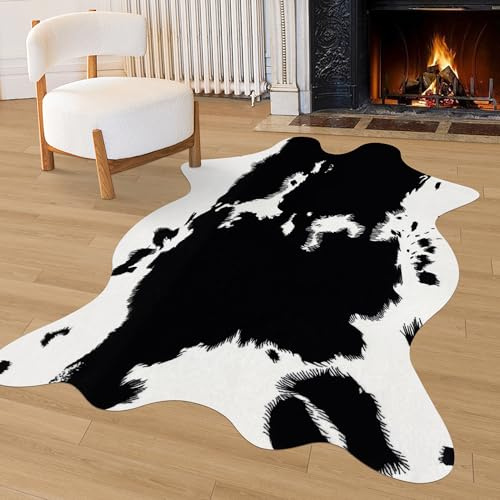 Aoczes Teppich mit Kuh-Druck, großer Teppich aus Rindsleder, Tierdruck, für Schlafzimmer, Wohnzimmer, Kinderzimmer, Büro, Western-Heimdekor-Matte, 12 x 150 cm, schwarzer Kuhdruck