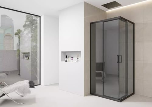 Corner Shower Enclosure Black/Dark Grey with Black Trim Walk in Cubicle Sliding Door Entry Shower Tray and Riser Kit Options (700mm x 700mm Shower Enclosure)