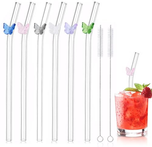 Strohhalme Glas, Wiederverwendbar Glas Strohhalm Lang, Glasstrohhalme Gebogen mit Bunten Schmetterling, Reinigungsbürsten für Säfte, Cocktails, Smoothie, Milch, Kaffee(6 Stück)