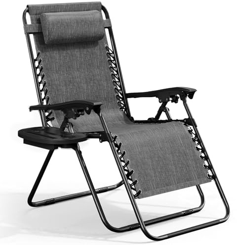 Nestl Zero Gravity Chairs, Portable Patio Lounge Chair Outdoor with Pillows & Cup Holder Trays, Adjustable Steel Mesh Reclining Camping Chair, Folding Patio Lawn Chair for Deck, Beach, Yard - Grey