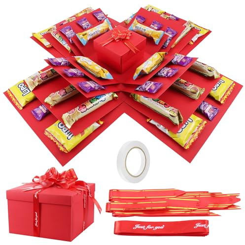 JIANTA 5-lagige Geschenkbox Explosionsbox Geburtstag Rot, DIY Überraschungsbox für Geschenkverpackung, Geburtstag, Weihnachten, Handgemachte Surprise Box für Frauen, Männer, Kinder