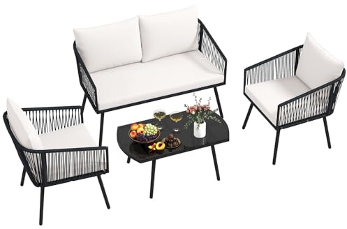COSTWAY Rattan Gartenmöbel Set, Balkonmöbel Set mit Sitz- und Rückenkissen, Terrassenmöbel, Gartengarnitur, Sitzgruppe, Sitzgarnitur für Garten, Balkon, Terrasse