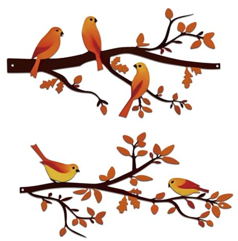 DUOOLN Metal Bird Wall Decor Art, Branch Leaf Sign for Bathroom Ornament | Wrought Iron Rustic Birdhouse Decoration-Gothic Birds Silhouette Pictures-Home Balcony Garden Sculpture-27 X 7.1 in-Yellow