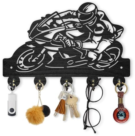 MAYJOYDIY Porte Clés Mural En Bois Style Moto 30 X 20 cm Moto Racing Porte-Clés Pour Mur Drift Décoratif Mur Support Manteau Avec 5 Crochets En Alliage Pour Entrée Cuisine Bureau Chambre Cadeau