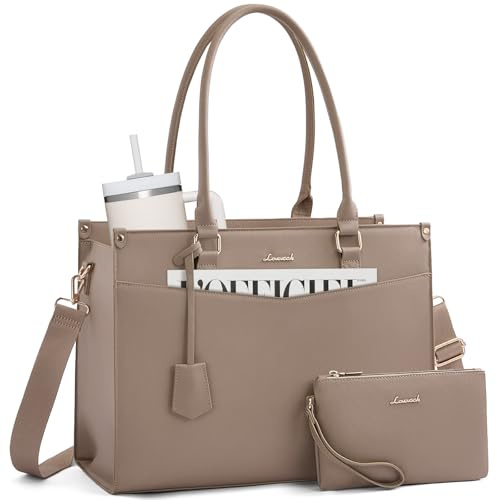LOVEVOOK Laptoptasche Damen 15.6 Zoll 2-in-1 Handtasche Groß, Elegante Business Aktentasche und Arbeitstasche, PU Leder Lehrertasche, Shopper Tasche, Schultasche für Uni, Schule - Khaki