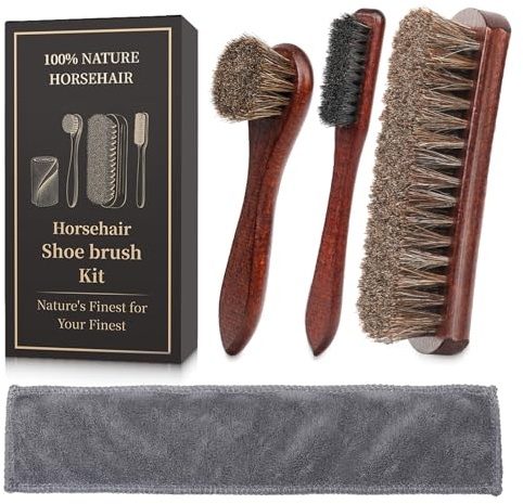 4PCS 100% Horsehair Shoe Brush Set for Leather - Horse Hair Polish, Buffing, Shining & Dauber Applicator Brush for Boots, Suede, Trainers, Handbags, Sofas, Leather Jackets & Car Seats Care Kit
