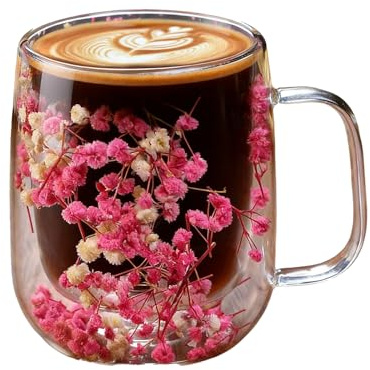 dzqad Da Caffè Floreale | con Manico Fiori Secchi Doppia Parete Trasparente | Bicchieri per il Tè in | Per Casa Scuola Festa Giardino Picnic Campeggio All'aperto Whisky Latte Birra