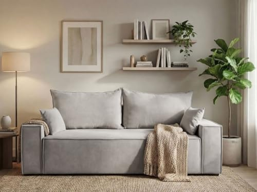 GRAINGOLD Sivra Sofa modern mit Bettfunktion, 230x90 cm, Sofa für Wohnzimmer, Velours-Stoff, 2-Sitzer Couch, Sofa mit Bettkasten (Grau)