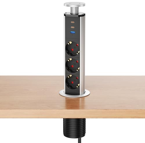 Pindus Versenkbare Steckdose 3-Fach USB-C PD 30W, Ø60 mm, Silber | Tischsteckdose für Schreibtisch, Küche und Büro, 1,8 m Kabel, 4000W/16A