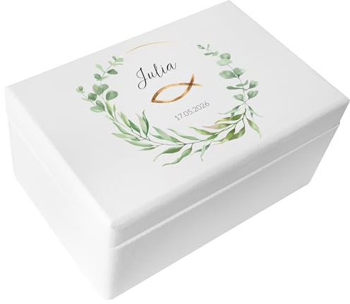 Creative Deco Weiß Personalisiert Kommunion Geschenke für Mädchen Jungen | Holzkiste | Kranz | Individuelle Geschenk Erinnerungsbox | Erstkommunion Deko