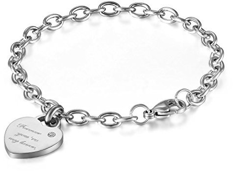 JewelryWe Schmuck Damen Armband Edelstahl Elegant Forever You're My Lover Gravur Herz Rolo Kette Charm Charme Armreif Armkette Geschenk Silber