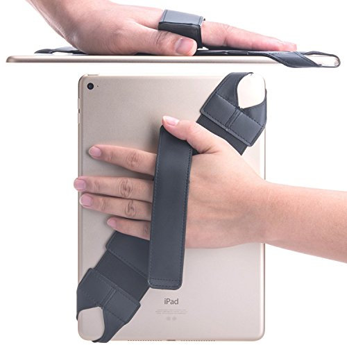 Universal Hand Strap Holder, SOOANN 360 Degrees Swivel Leather Handle Grip with Elastic Belt for 9.7 inches Pad and 10.1 inches Tablets (Samsung Asus Acer Google Lenovo Kindle iPad Pro), Black