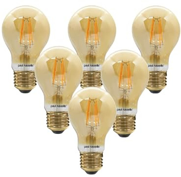 paul russells E27 Edison Screw LED Filament – 4.5Watt 35W Equivalent 400LM Lumens 2200K ES Standard GLS A60 – Amber Bright Energy Saving Light Non-Dimmable – Extra Warm White Bulbs - Pack of 6
