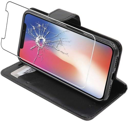 ebestStar - Cover Compatibile con iPhone X, iPhone XS Custodia Portafoglio Pelle PU Protezione Libro Flip, Nero + Pellicola Vetro Temperato [Apparecchio: 143.6 x 70.9 x 7.7mm, 5.8'']