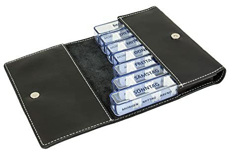 Medidos – Wöchentlicher Tabletten-Organizer von Kibodan | 7-Tage-Medikamenten- & Vitaminbox – Eine Box pro Tag | Reisegeeignet, BPA-frei, leicht zu öffnen, mit 4 verstellbaren Fächern (Schwarz)