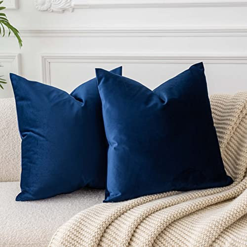 JUSPURBET Dunkelblau Samt-Kissenbezüge 60cmx60cm 2er-Set für Wohnzimmer Couch Sofa Schlafzimmer Dekorative Quadratische Feste Weiche Kissenhüllen mit unsichtbarem Reißverschluss